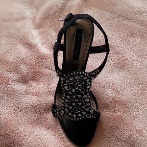 Sz 7 Zara black satin with black jewels open toed heels